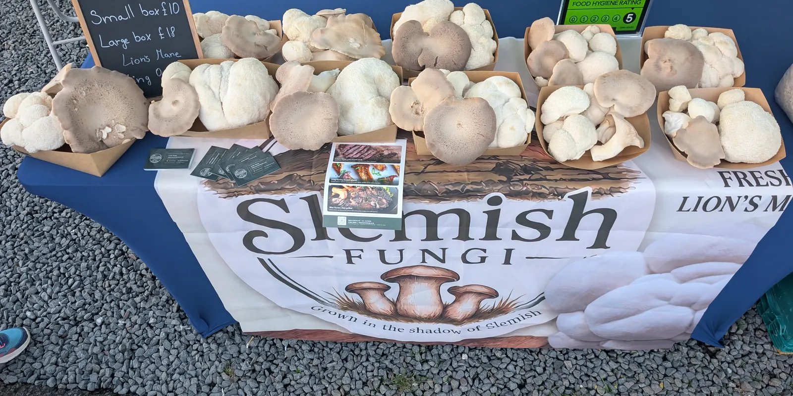 The Slemish Fungi market stall, loaded with fresh Lion's Mane, King Oyster and Blue Oyster